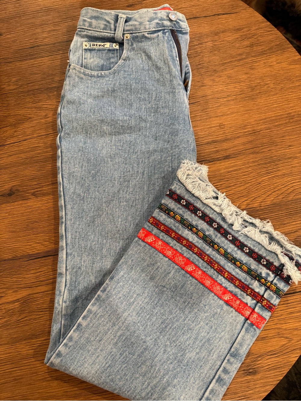 Vintage 90s Revolt Boho Ribbon-Trim Wide Leg Jeans